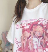 原创设计日系软妹甜美印花可爱电竞少女双子兔子宽松短袖T恤上衣