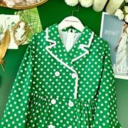 童装女童春秋装，2021复古波点长袖连衣裙绿色纯棉，法式风双排扣