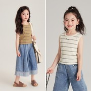 可亲子~100-170女童夏季无袖，针织简约条纹，背心大弹力修身打底衫