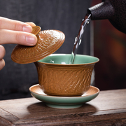 龙泉青瓷三才盖碗茶杯单个杯不烫手功夫茶具，陶瓷手工跳大泡茶碗