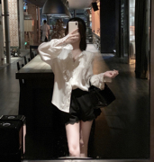 CHICYOU Lux系列 甜美少女蕾丝边丝滑长袖百搭气质显瘦白衬衫上衣