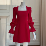 轻奢名媛红色礼服裙法式复古泡泡，袖方领收腰显瘦长袖连衣裙68431