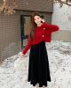 长途安娜大码女新中式圣诞新年红色针织毛衣外套+黑色连衣裙套装