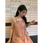 王少女(王少女)的店粉色做旧吊带连衣裙2024夏季小个子，甜美仙女无袖长裙子