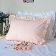 日式单人枕头套纯色荷叶边花边浅粉色纯白色棉质枕芯带枕套公主风