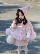 女童斗篷披风呢大衣毛球韩系宝宝，毛绒外套毛呢，半身裙两件套装冬装
