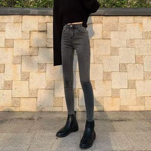 烟灰色牛仔裤女小脚裤弹力高腰，显瘦紧身长裤子女学生韩版铅笔裤女