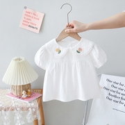 女童蕾丝翻领短袖衬衫夏装婴儿纯棉上衣儿童衬衣女宝宝娃娃衫清新