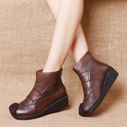 原创手工缝制真皮短靴女坡跟软底马丁靴秋冬舒适单靴皮靴