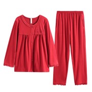 芬腾2023年秋季长袖睡衣女，圆领开衫蕾丝绣花妈妈款家居服红色套装
