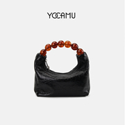 yocamu新中式包包女头层油蜡牛皮，饺子包串珠(包串珠，)手拎包链条单肩斜挎包