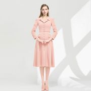 温柔风长袖职业套装，西装裙女2024秋季气质粉色长款连衣裙外套