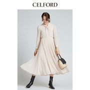 CELFORD春夏 纯色气质圆领系带格纹百褶雪纺长袖连衣裙CWFO211101