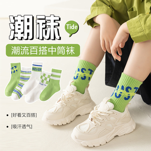 儿童袜子春秋纯棉女童袜子中筒袜男孩运动袜潮袜学生秋冬短袜绿色