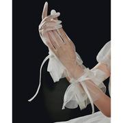 新娘白色蝴蝶结手套婚纱结婚主婚纱高级婚礼蕾丝手套复古法式轻纱