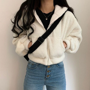 2023冬季韩版短款羊羔绒保暖拉链外套女加厚加绒开衫学生上衣