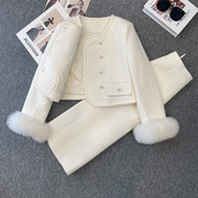 白色小香风羽绒服套装女2023冬季高端狐狸毛短外套长裙两件套