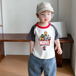 2024夏季男童纯棉超人短袖T恤韩版卡通动漫中小童插肩袖上衣