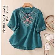 新中式棉麻刺绣短袖衬衫，女夏装妈妈国风亚麻，宽松上衣苎麻薄款小衫