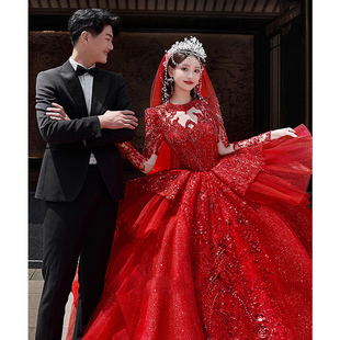 红色法式婚纱2023新娘轻奢小众高端大拖尾高级质感宫廷风主纱