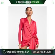 香港直邮潮奢 ASOS 女士设计缎面打结边长袖迷你桃红带领连衣裙