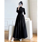 法式黑色长袖拼接连衣裙子女春装设计感小众气质修身显瘦长裙