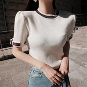韩国chic复古小众设计感夏季冰丝薄款针织衫短袖圆领拼色T恤上衣