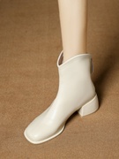 短靴女2023秋冬瘦瘦单靴白色高跟踝靴粗跟后拉链英伦风马丁靴