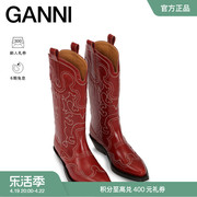 GANNI女鞋 复古红色皮革刺绣尖头中筒粗跟西部靴骑士靴 S1861396
