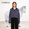 GARGA复古藏青色条纹polo领羊毛针织衫女慵懒风休闲宽松显瘦毛衣