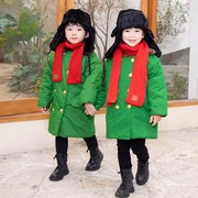 绿色军大衣加绒加厚保暖中长款宝宝复古棉袄，网红男童冬装东北棉衣