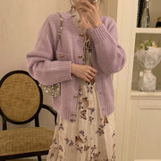 韩国香芋紫温柔慵懒风，针织开衫女2024早春长袖毛衣外套短上衣