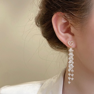 s925银针潮珍珠耳环，个性韩国复古气质爱心，水晶长款流苏耳坠女