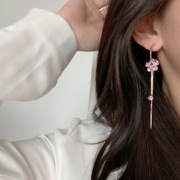 s925银针韩国气质紫色，水晶花朵耳钉长款超仙流苏耳环网红耳坠耳圈
