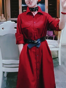法式名媛酒红色衬衫连衣裙，女2023秋季长袖收腰气质中长款裙子