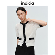 indicia小香风镂空开衫棉，针织衫黑白撞色春秋季标记时尚女装