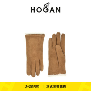 HOGAN女款GUANTO系列冬季加绒米黄色皮革手套