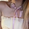 复古气质粉色玫瑰花系带颈链纯欲风，choker颈带高级感锁骨链项链女