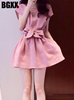 淡粉色棉麻短袖小清新气质，优雅连衣裙收腰蝴蝶结2024夏季系带裙子