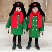 军冬大衣儿童东北军绿加厚保暖棉袄男女童老式复古加绒中长款外套