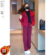时尚红色连帽棉服外套2023冬季韩版拼接加绒直筒裤子减龄两件套装