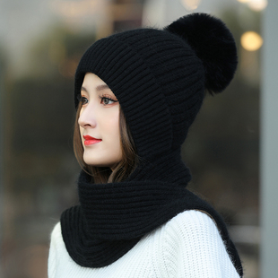 帽子女秋冬季韩版可爱保暖兔毛针织帽围巾一体冬天百搭加绒毛线帽