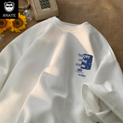 华夫格短袖t恤男日系重磅小众设计感白色半截袖大码宽松圆领体恤