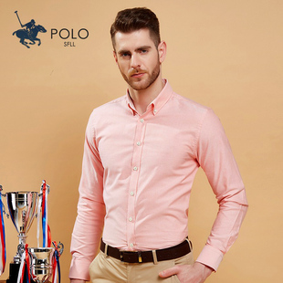 保罗纯棉牛津纺春秋季粉色，男士长袖衬衫，粉红色全棉休闲修身寸衬衣