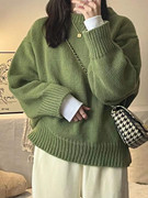韩国东大门复古绿色圆领，毛衣套头宽松慵懒风，加厚冬季外穿女针织衫