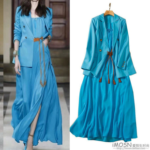 2022春夏季女装蓝色西装外套雪纺吊带系带长裙高端气质套装