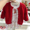韩国中小童装 22秋女宝宝红针织开衫花边领碎花连衣裙两件套装P3