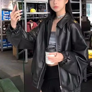 黑色PU皮衣外套女潮牌2024春秋季新款设计感百搭短款美式复古夹克