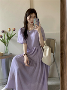 紫色泡泡袖连衣裙女韩版初恋复古高腰宽松短袖褶皱长裙