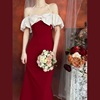 旗袍敬酒服新娘结婚女装夏季一字肩气质端红色订婚连衣裙子礼服